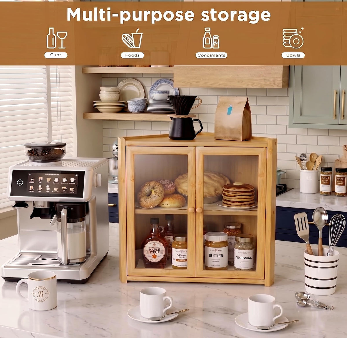 Double Layer Bamboo Bread Box with Clear Windows and Double Doors K3877