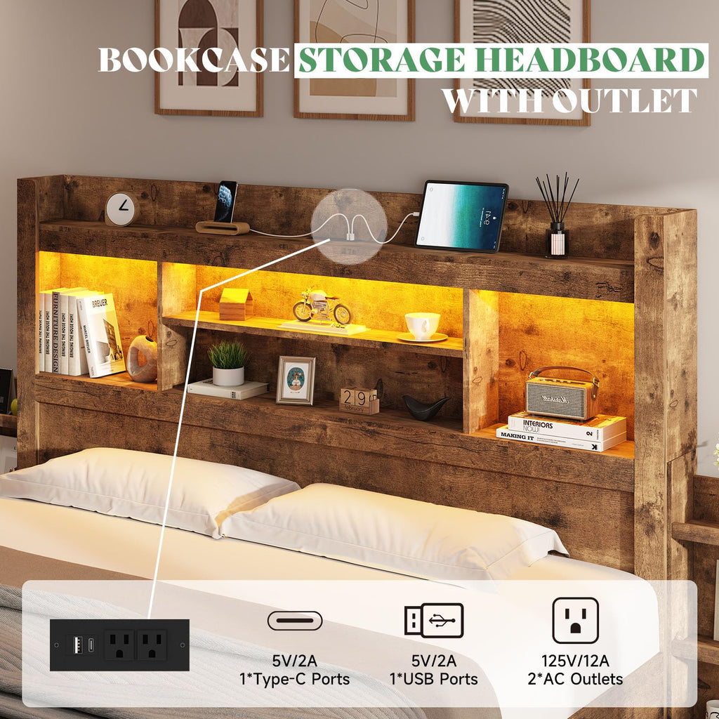 Full Bed Frame with Bookcase Headboard & Storage D1492