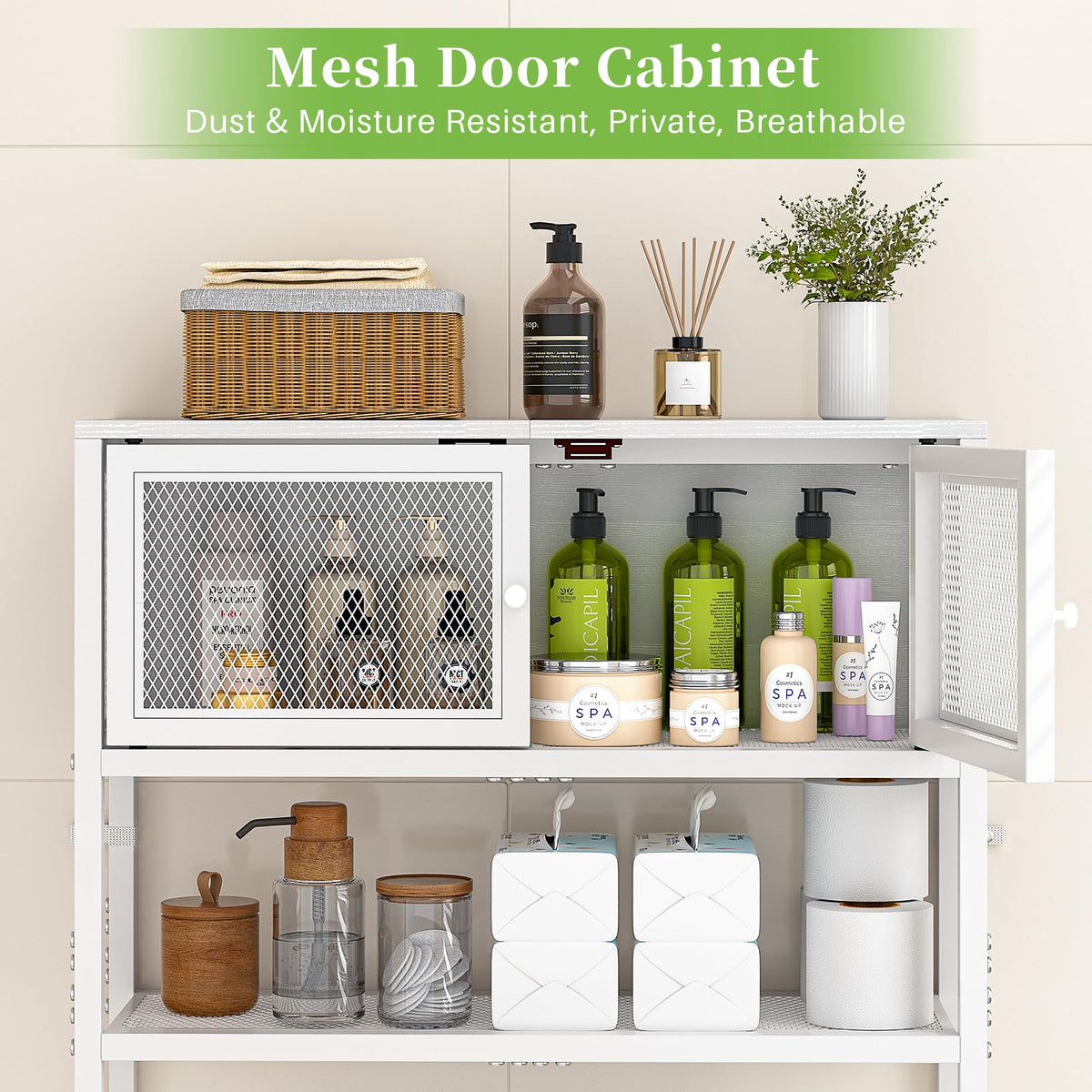 Over the Toilet Storage Cabinet with Doors, White Metal Shelves J682529