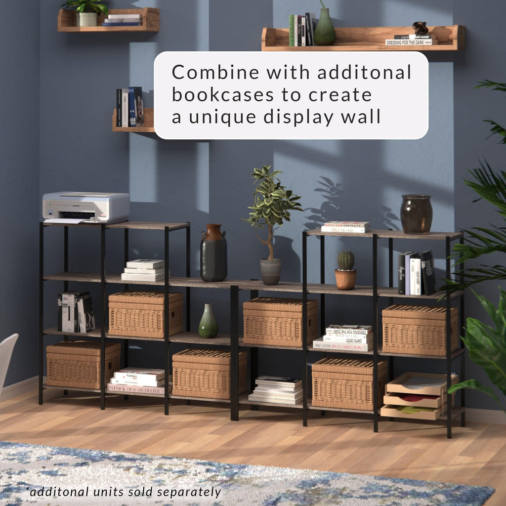 4-Tier Bookcase, 5 Shelves, Black Metal and Wood Y881354