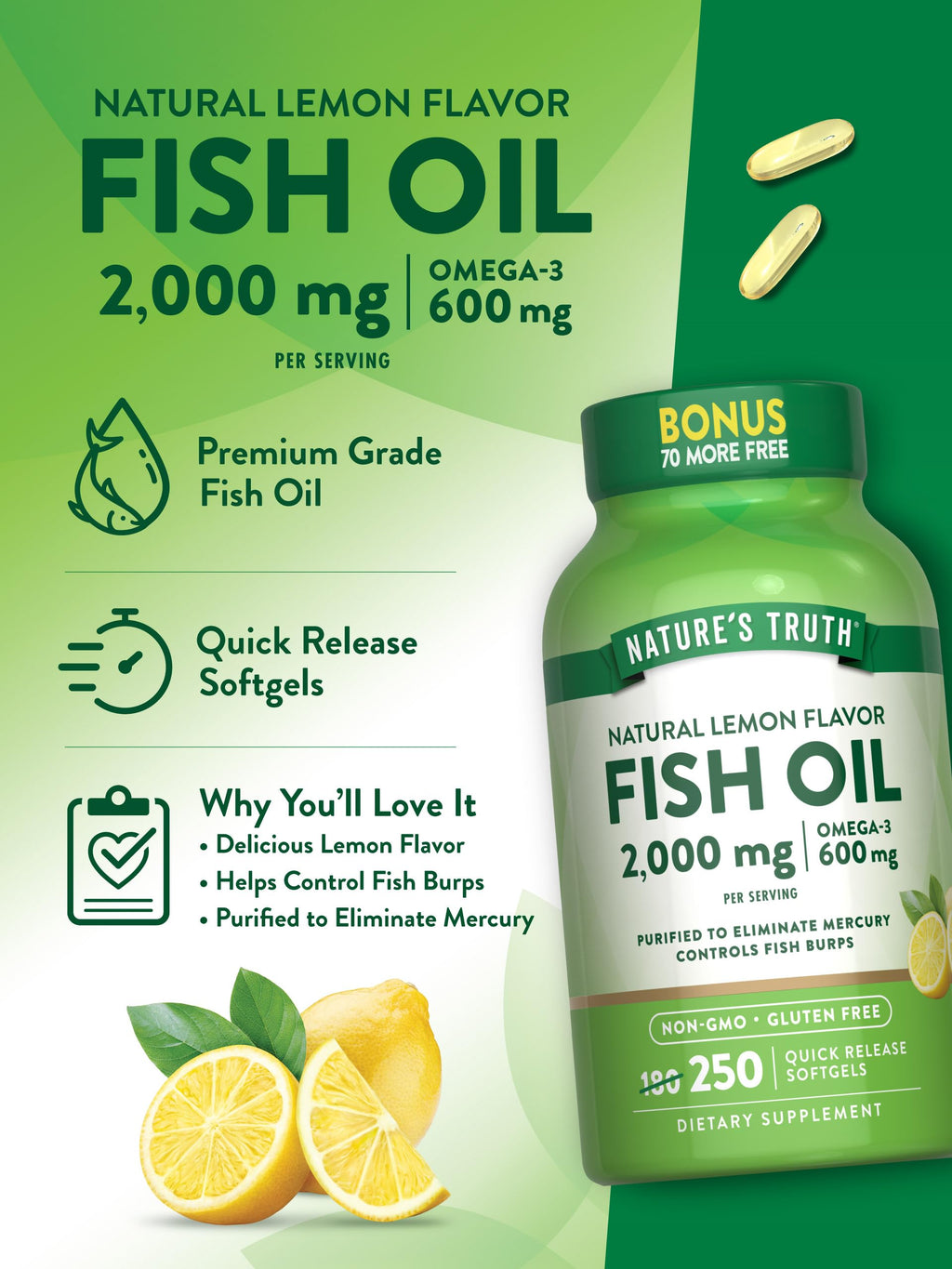 Fish Oil 2000 mg 600 mg Omega 3 250 Softgels V5487