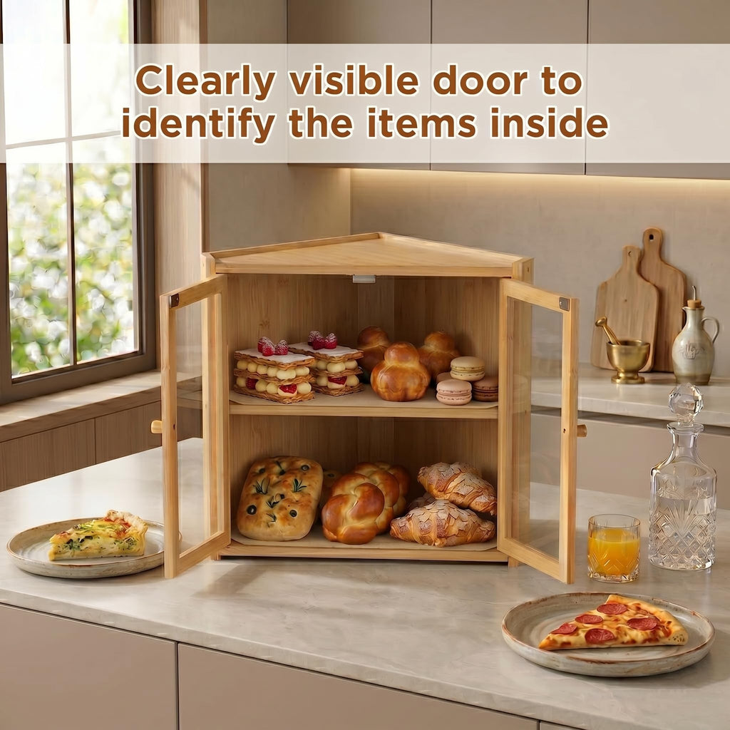 Double Layer Bamboo Bread Box with Clear Windows and Double Doors K3877