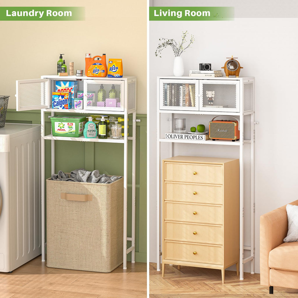 Over the Toilet Storage Cabinet with Doors, White Metal Shelves J682529