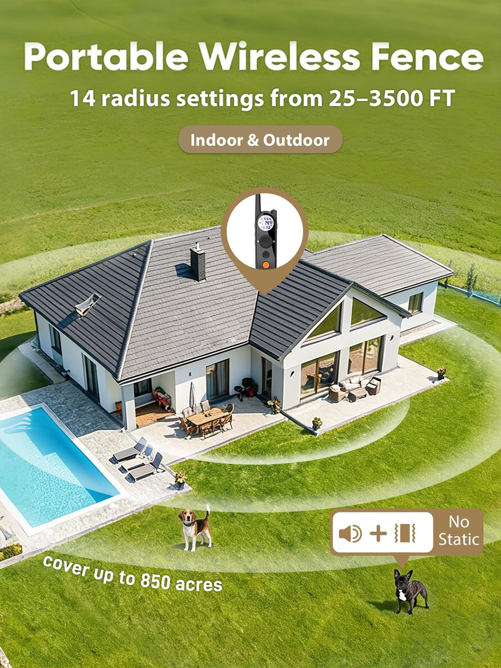 Wireless Small Dog Fence for 2 Dogs, Up to 3500ft Adjustable Waterproof Rechargeable Pet Containment System M86944