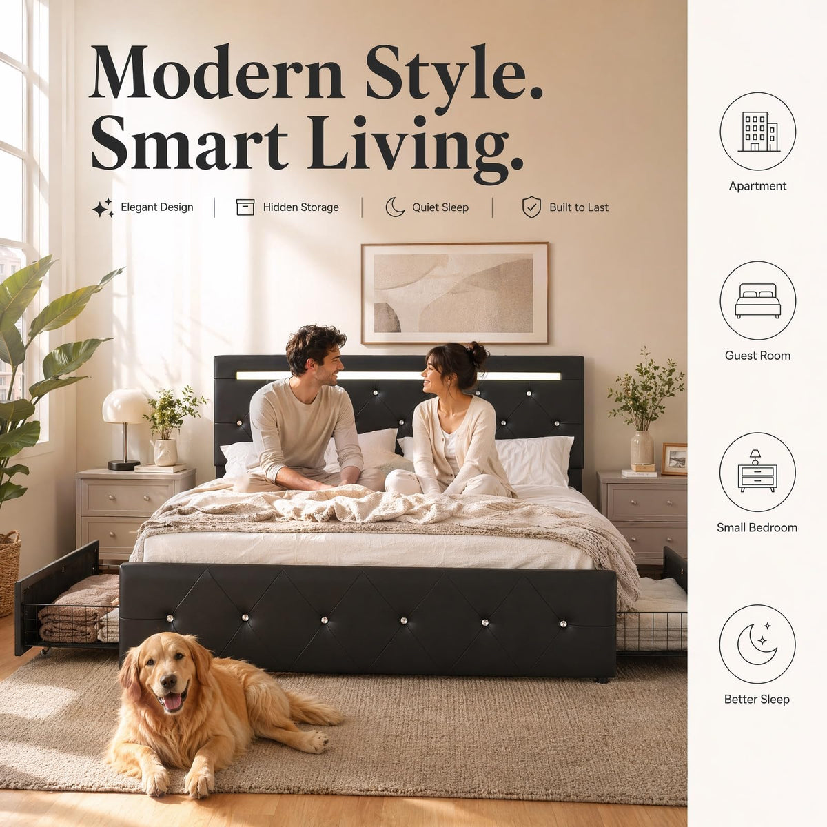 Full Upholstered Bed Frame with 4 Storage Drawers & Headboard H541