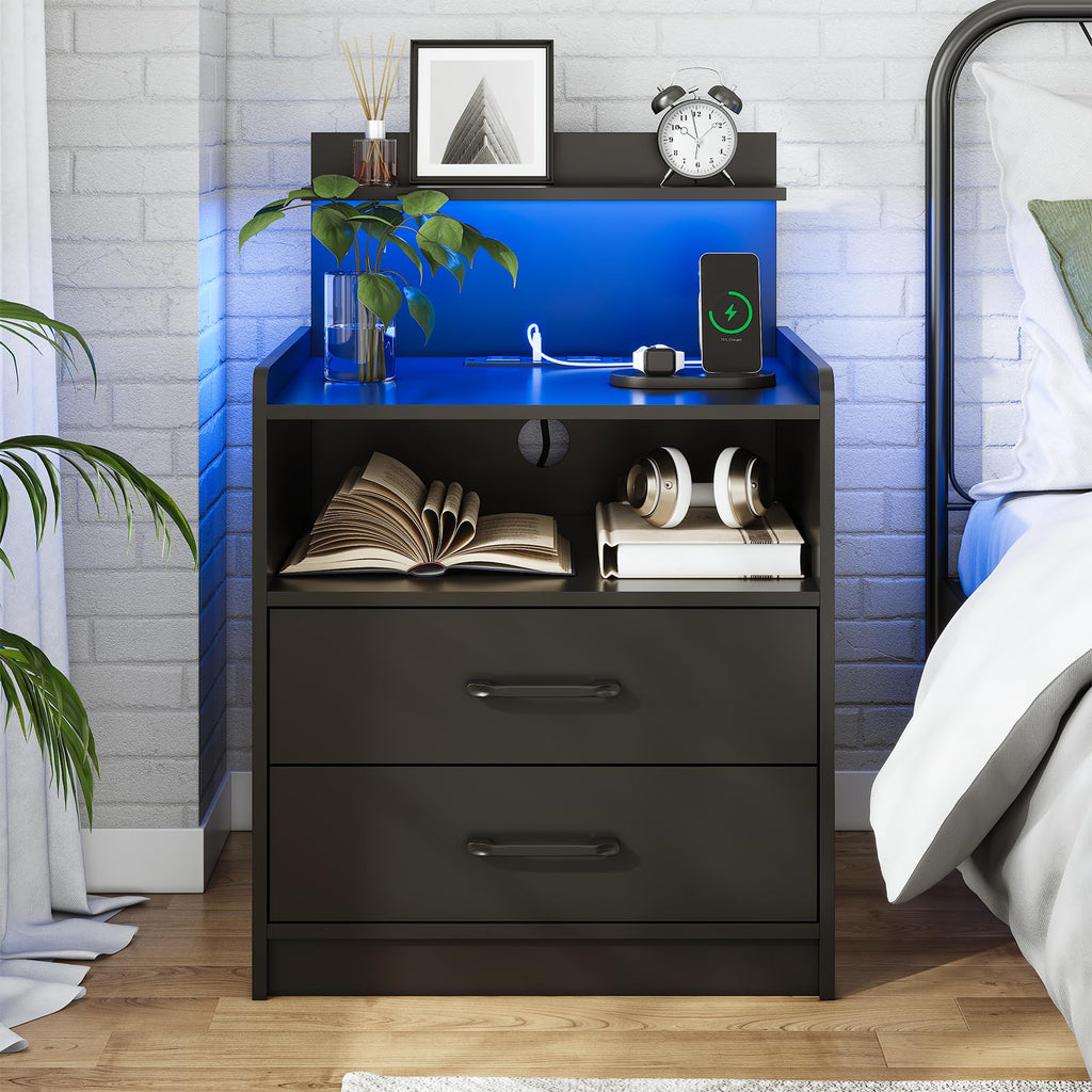 Black LED Nightstand with Charging Station and 2 Drawers E663