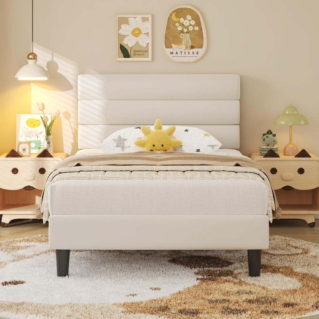 Beige Velvet Upholstered Twin Platform Bed Frame I873328