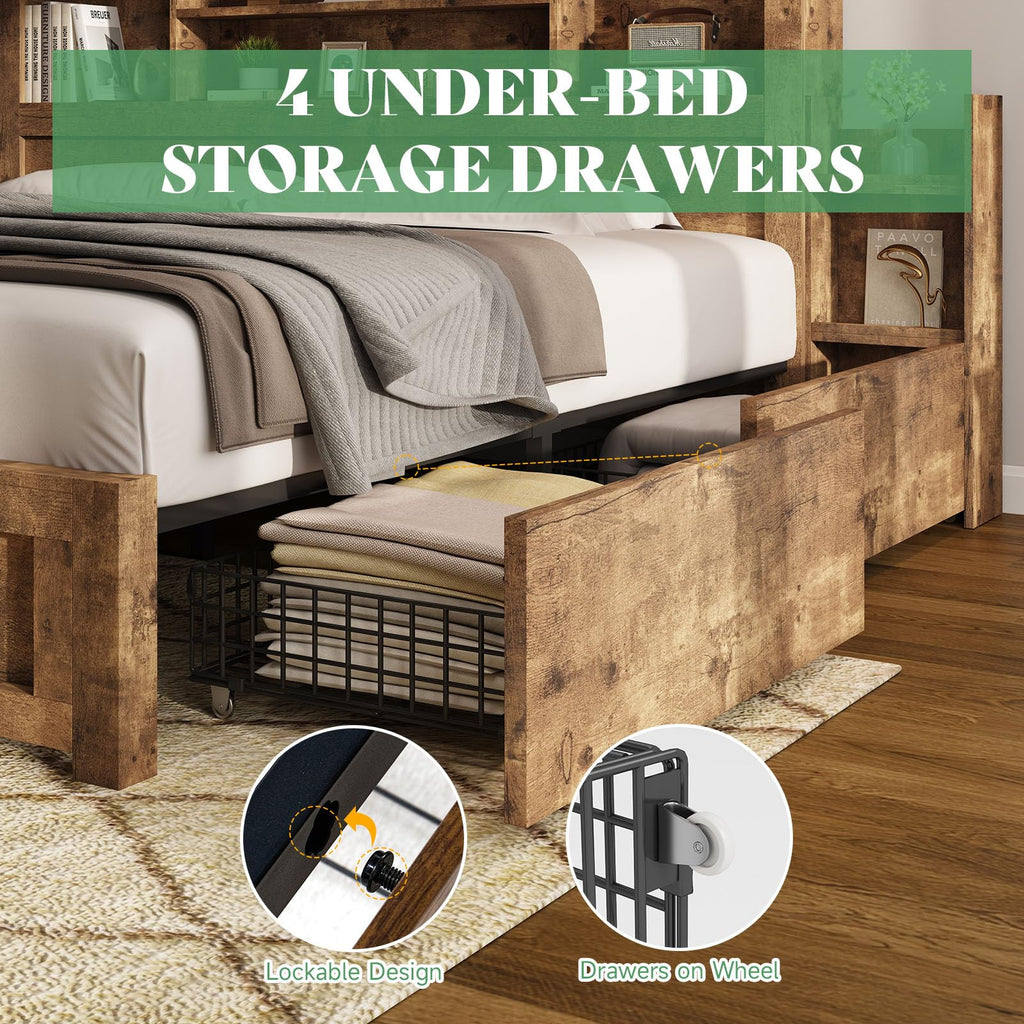 Full Bed Frame with Bookcase Headboard & Storage D1492