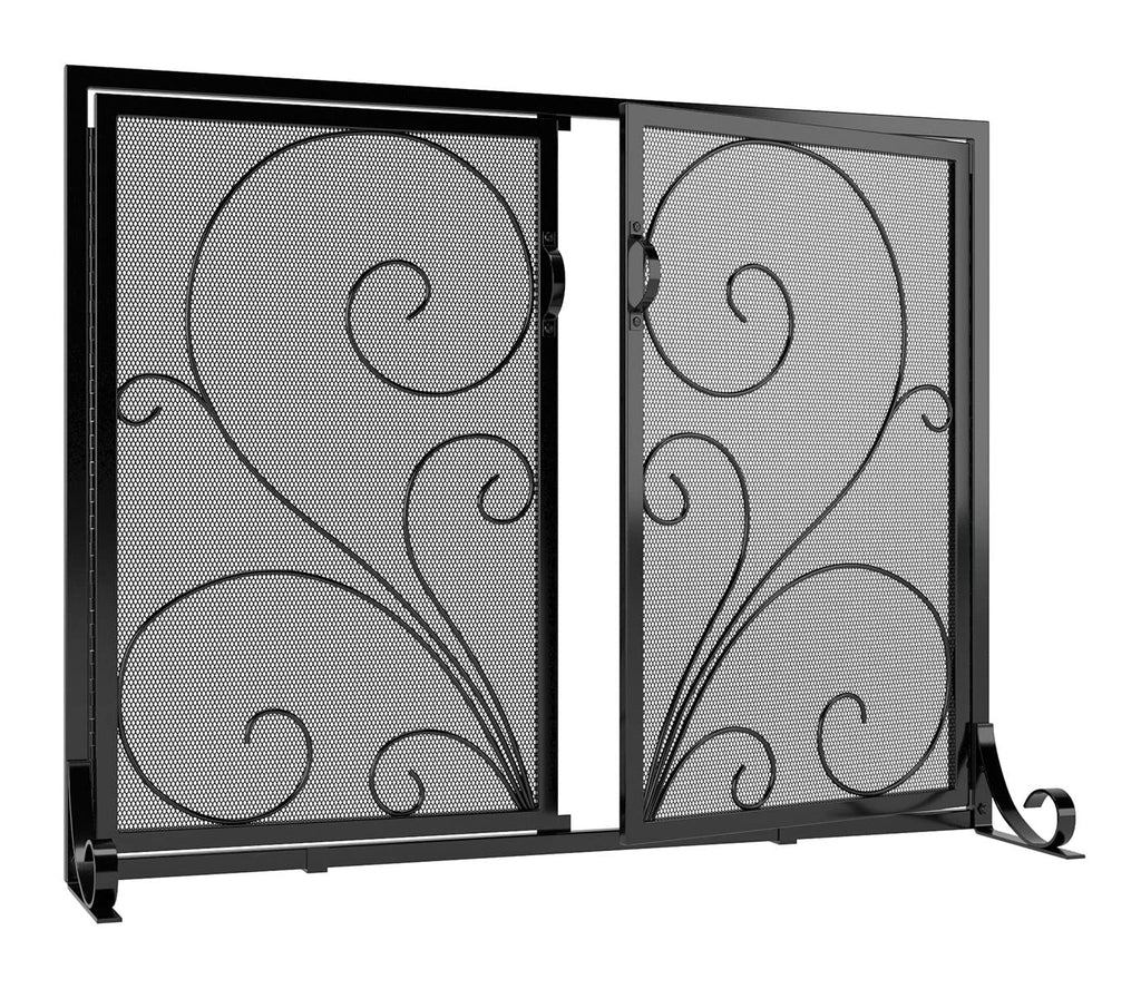 Black Metal Mesh Fireplace Screen with Double Doors Q278843