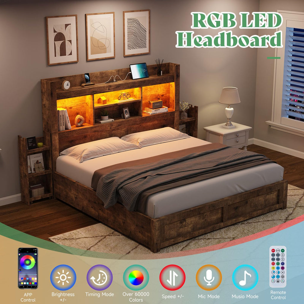 Full Bed Frame with Bookcase Headboard & Storage D1492