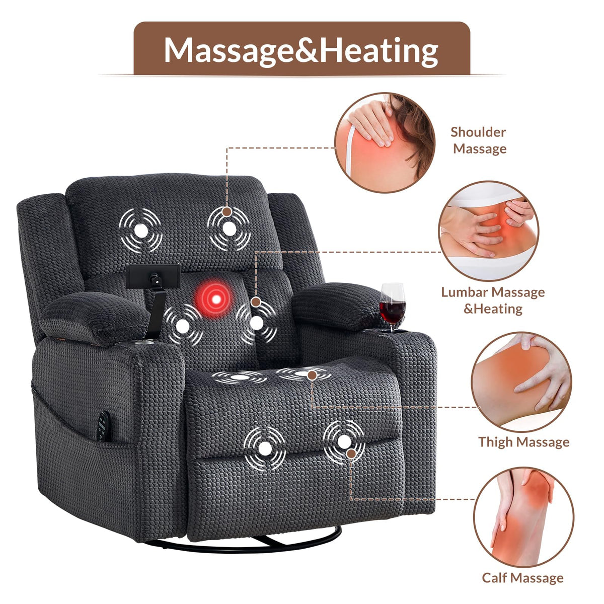 Oversized Power Recliner Chair with Massage and Heat, Grey H236270