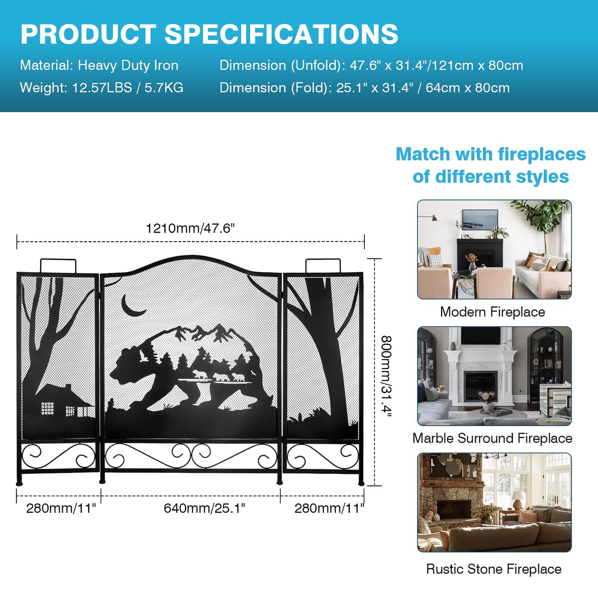 3-Panel Folding Metal Fireplace Screen Black L37536