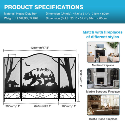 3-Panel Folding Metal Fireplace Screen Black L37536
