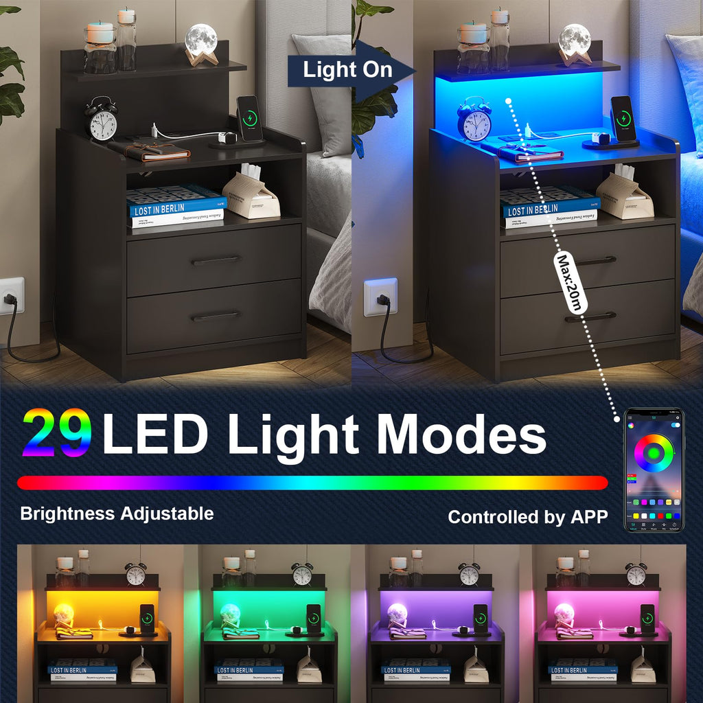 Black LED Nightstand with Charging Station and 2 Drawers E663