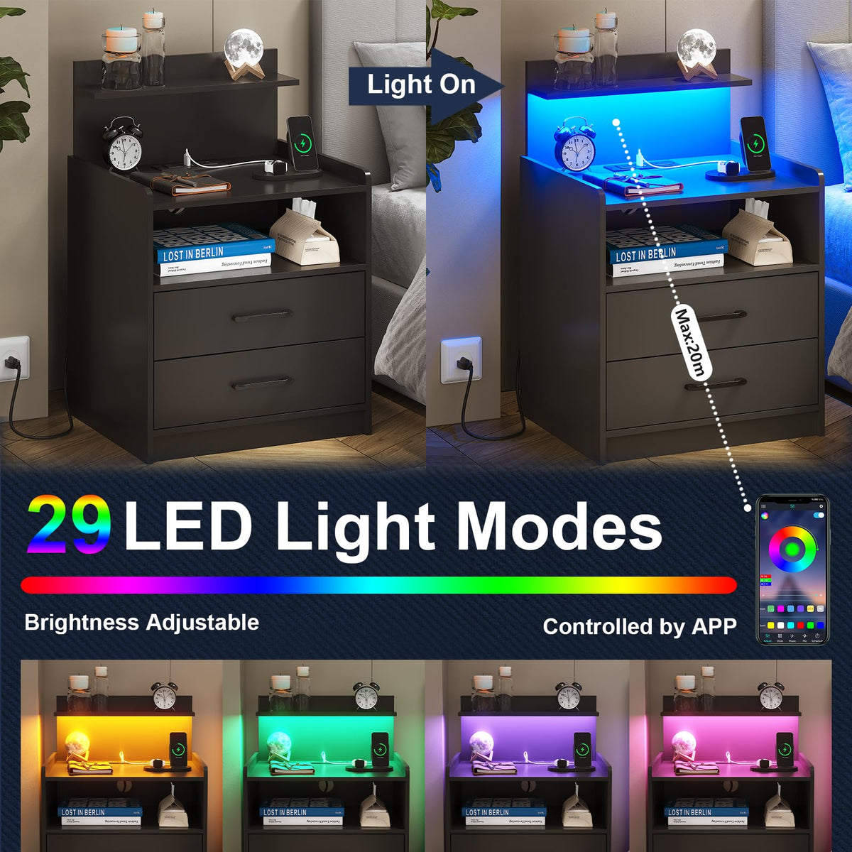 Black LED Nightstand with Charging Station and 2 Drawers E663