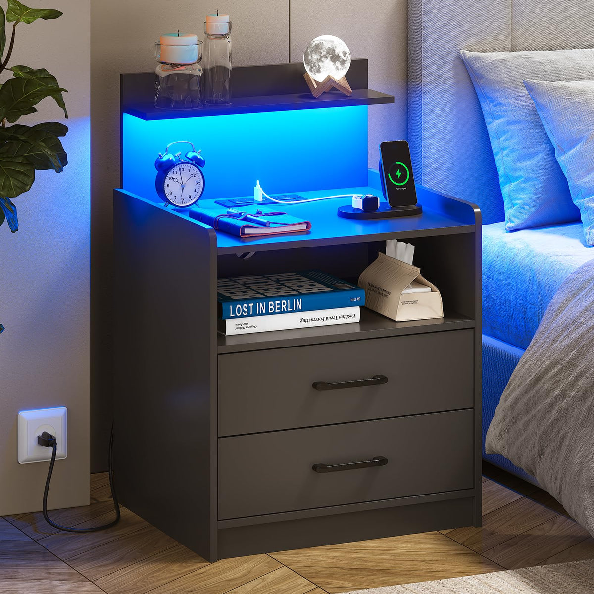 Black LED Nightstand with Charging Station and 2 Drawers E663