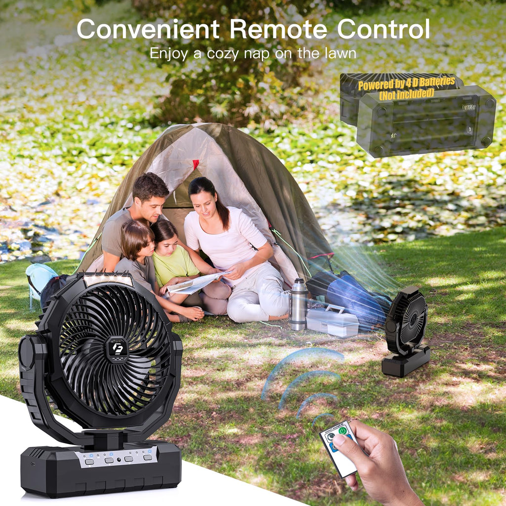 Battery Operated Portable Camping Fan with 4 Speeds, Light, Timer, Remote - Black Y503