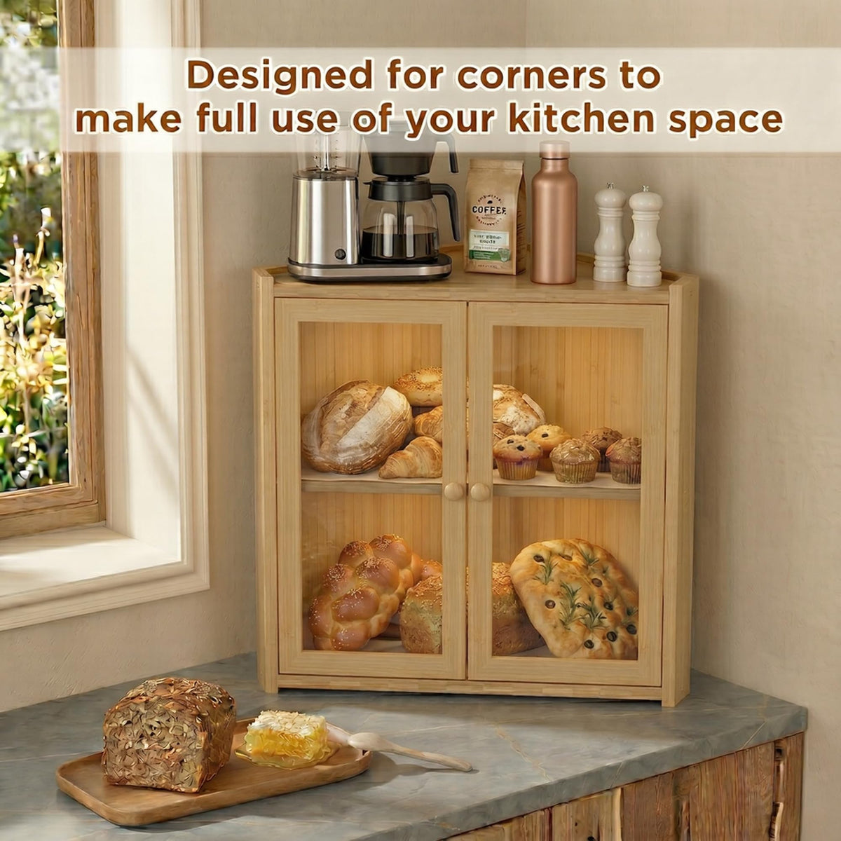Double Layer Bamboo Bread Box with Clear Windows and Double Doors K3877