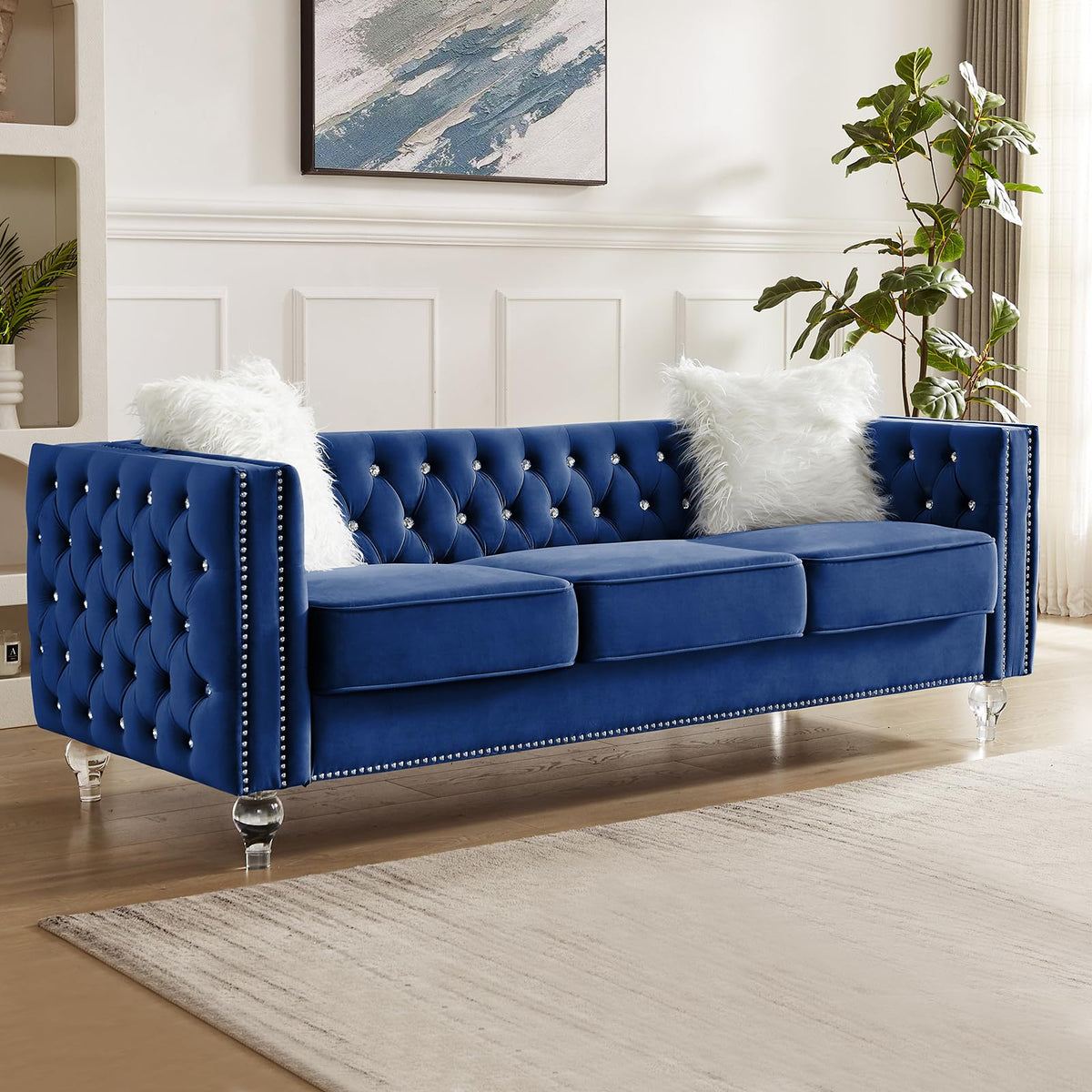 Blue Velvet Chesterfield Sofa with 2 Throw Pillows B758501