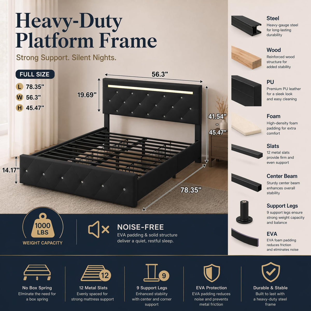 Full Upholstered Bed Frame with 4 Storage Drawers & Headboard H541