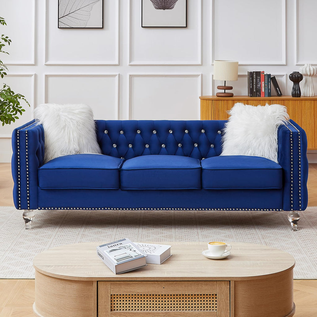 Blue Velvet Chesterfield Sofa with 2 Throw Pillows B758501