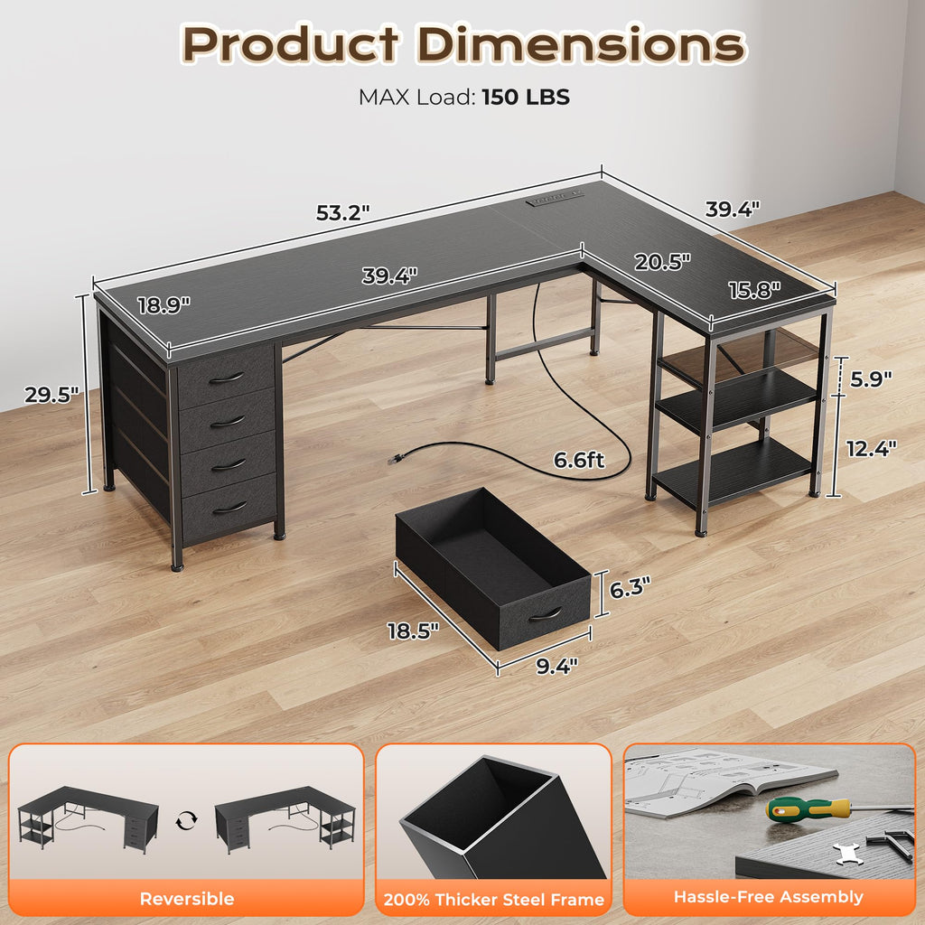 55 Inch L Shaped Desk with Fabric Drawers and Power Outlets T7124