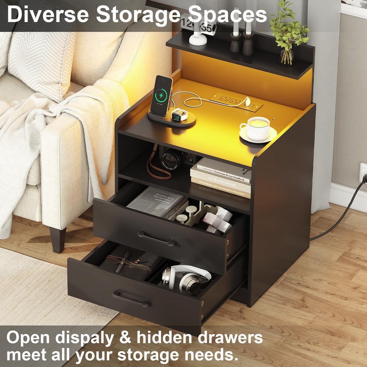 Black LED Nightstand with Charging Station and 2 Drawers E663