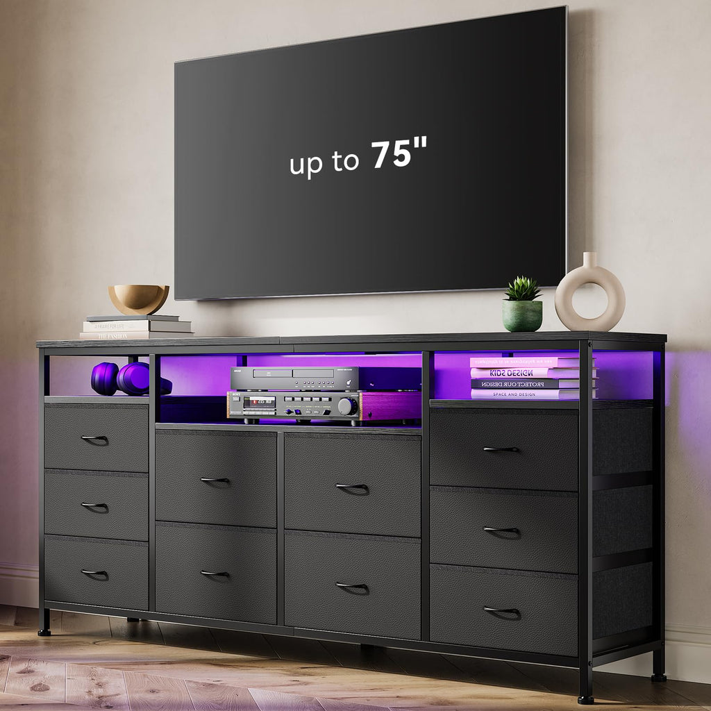 Black 10 Fabric Drawer Dresser with LED Lights & Power Outlets B918