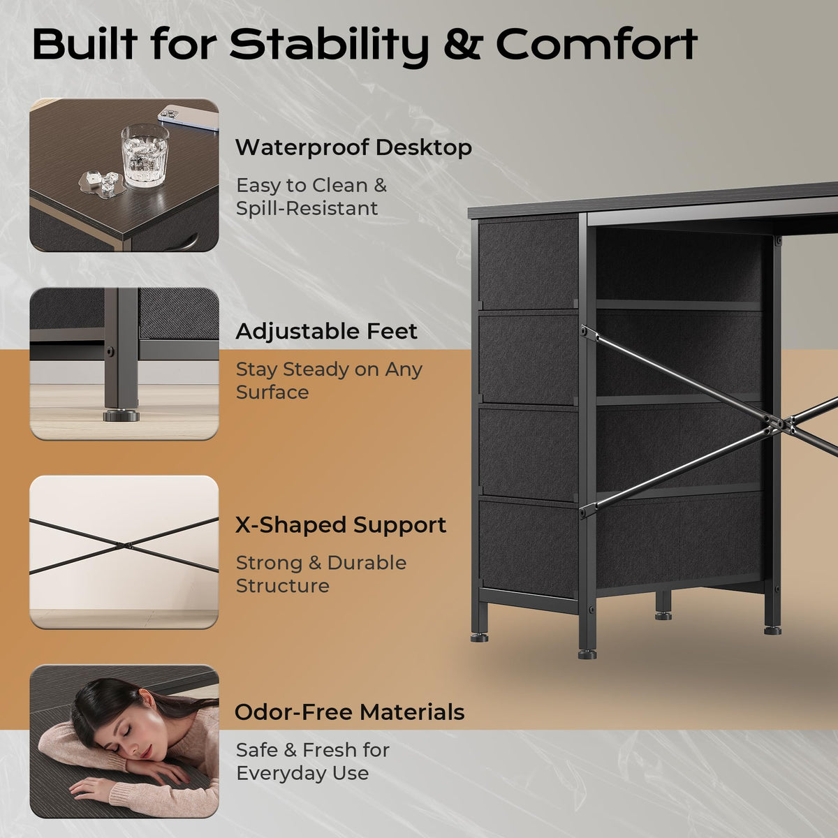 55 Inch L Shaped Desk with Fabric Drawers and Power Outlets T7124