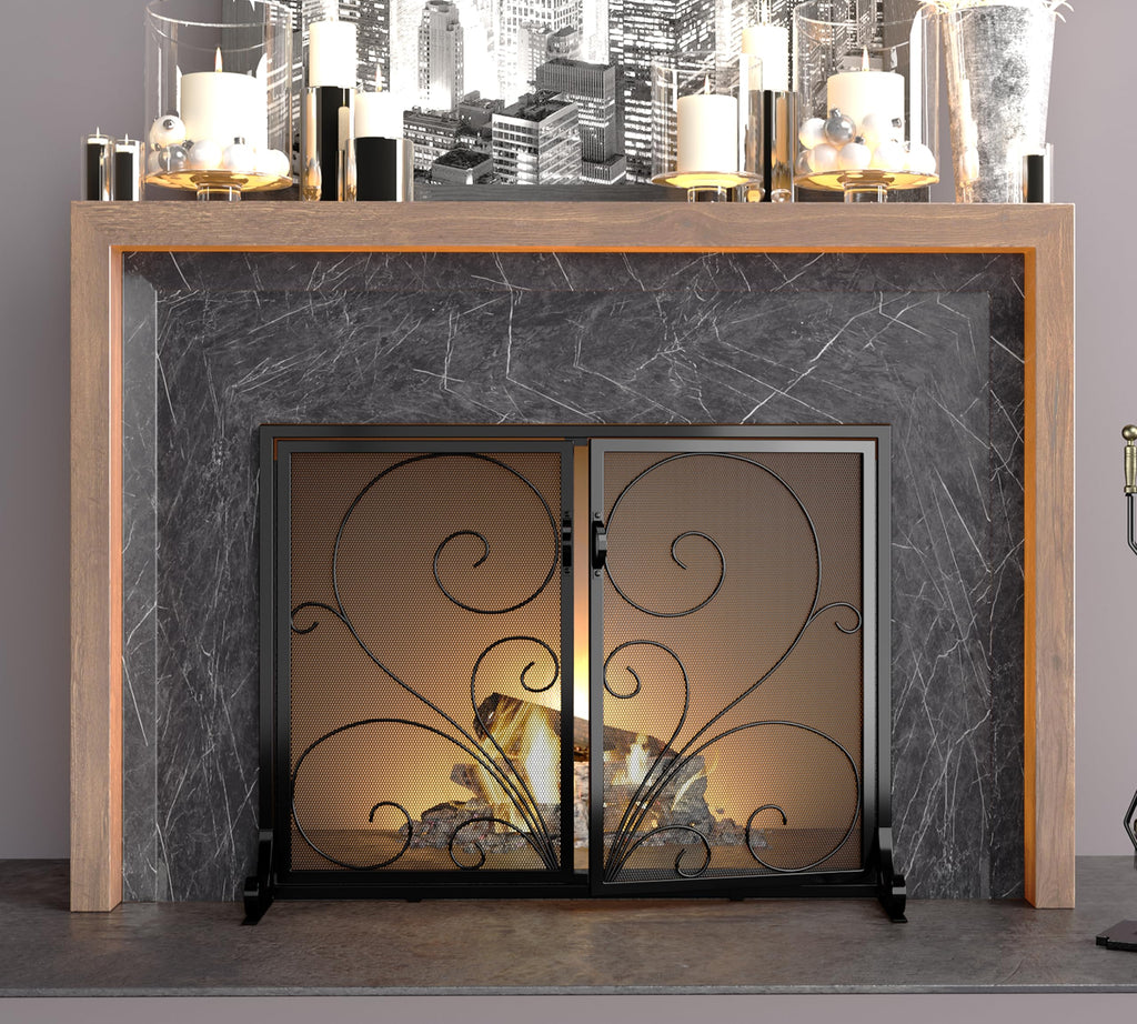 Black Metal Mesh Fireplace Screen with Double Doors Q278843