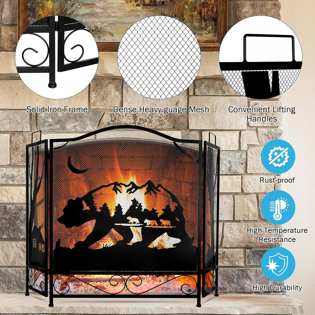 3-Panel Folding Metal Fireplace Screen Black L37536