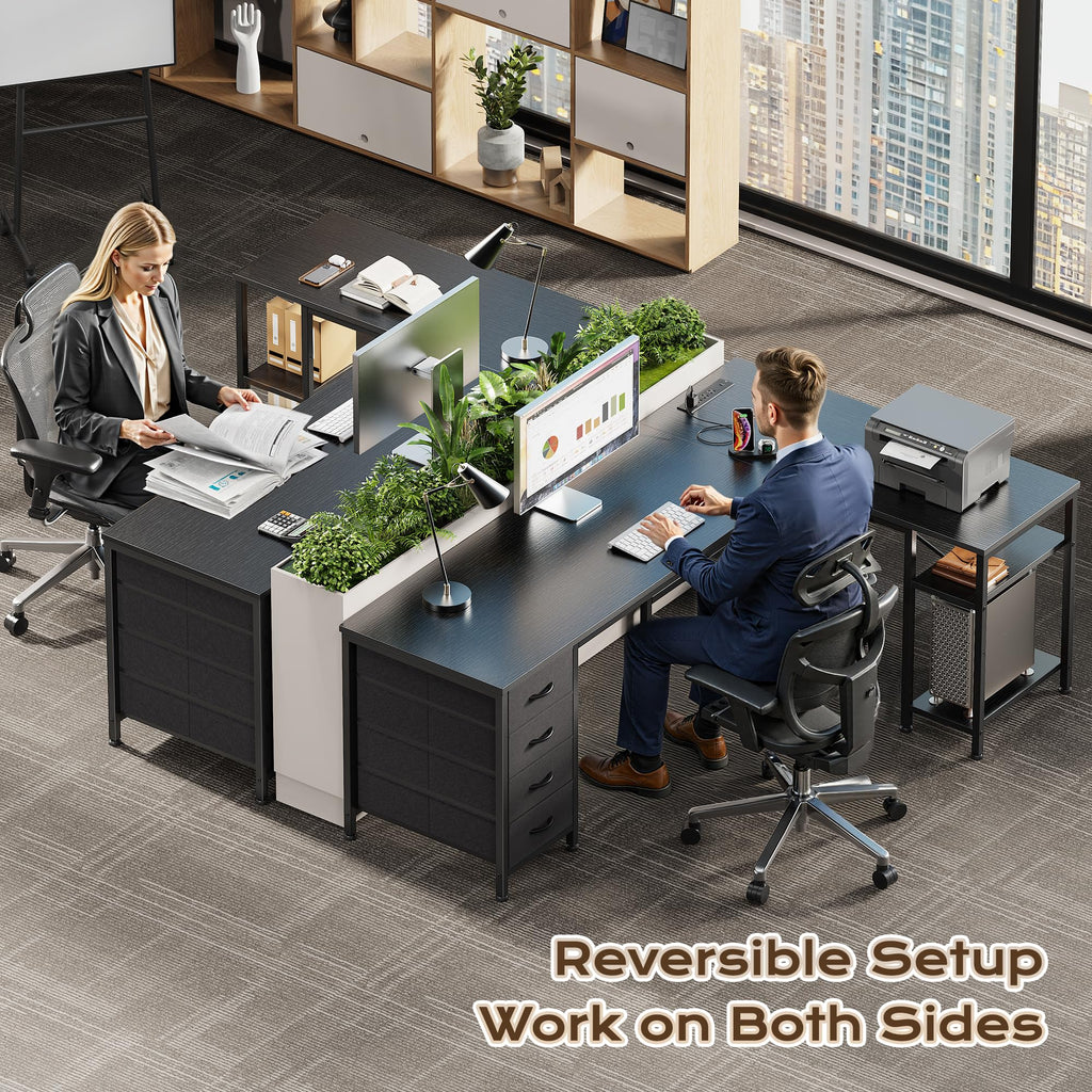 55 Inch L Shaped Desk with Fabric Drawers and Power Outlets T7124