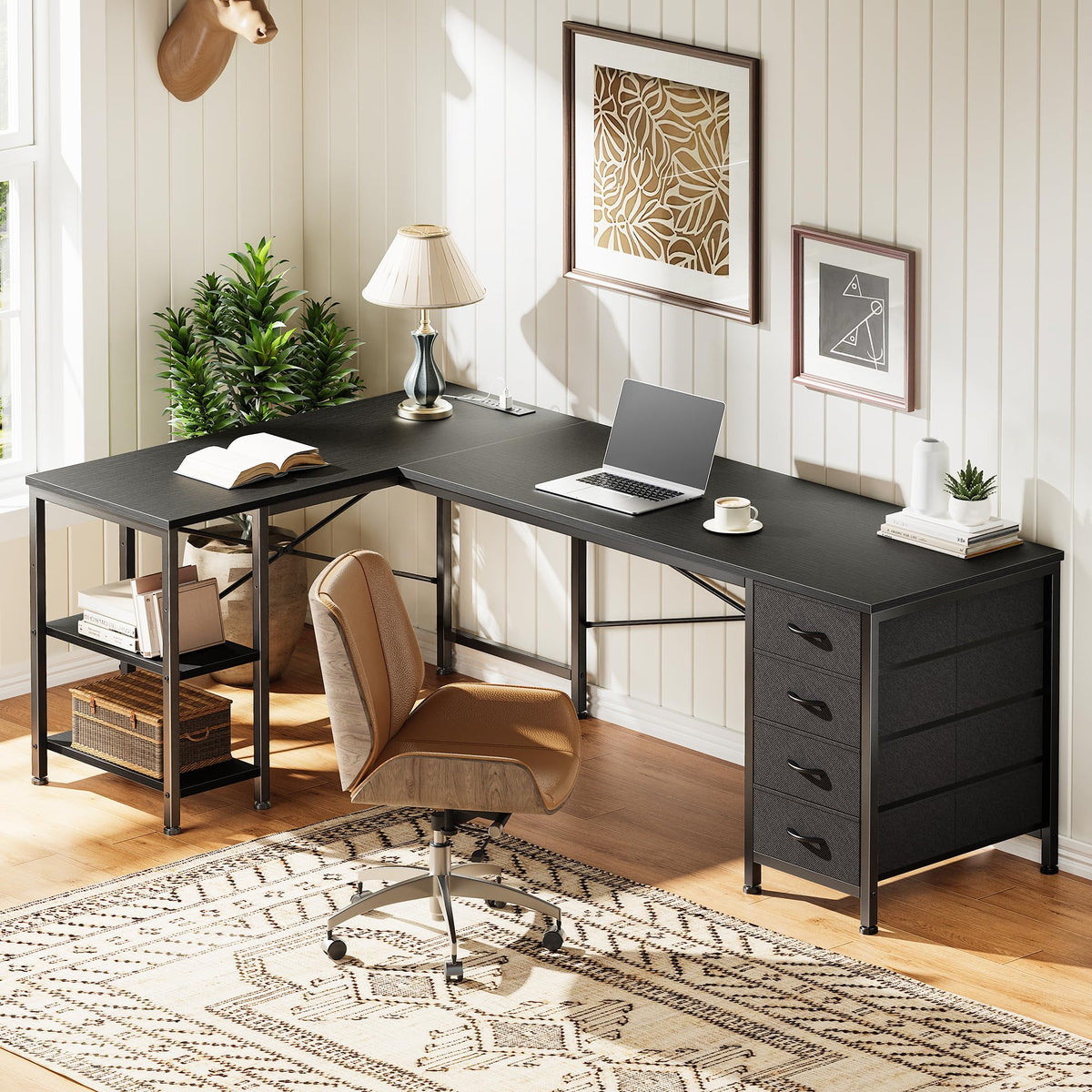 55 Inch L Shaped Desk with Fabric Drawers and Power Outlets T7124