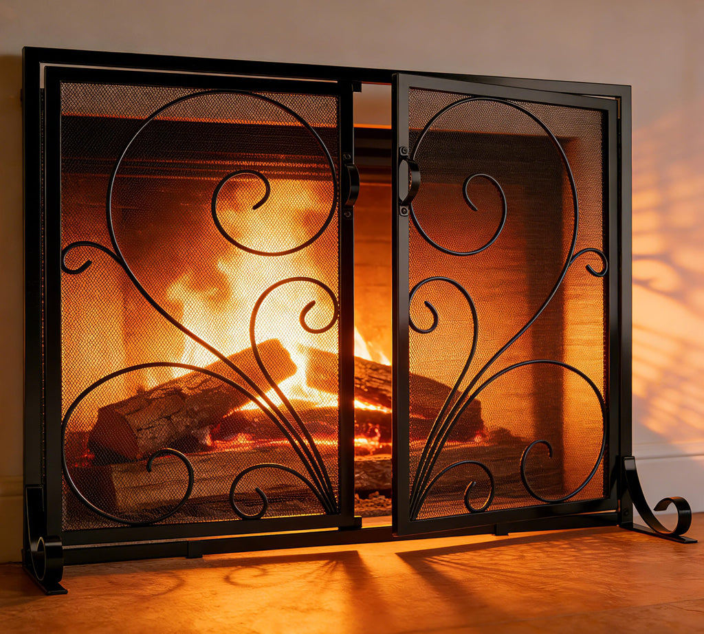 Black Metal Mesh Fireplace Screen with Double Doors Q278843