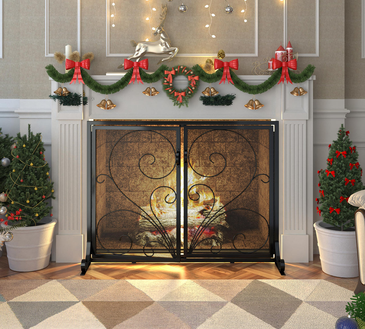 Black Metal Mesh Fireplace Screen with Double Doors Q278843
