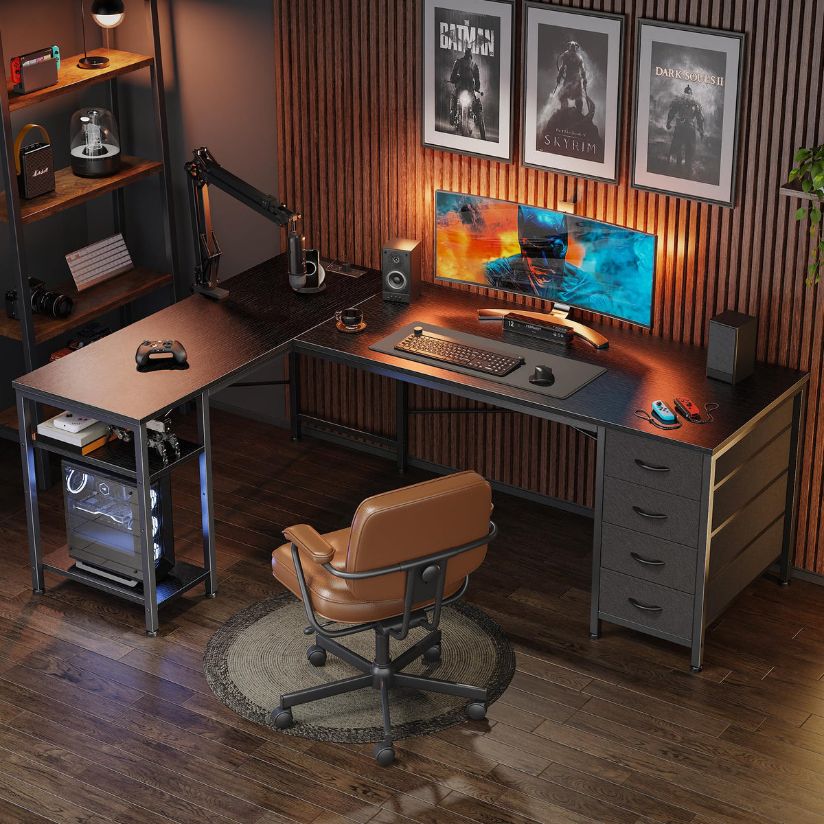 55 Inch L Shaped Desk with Fabric Drawers and Power Outlets T7124