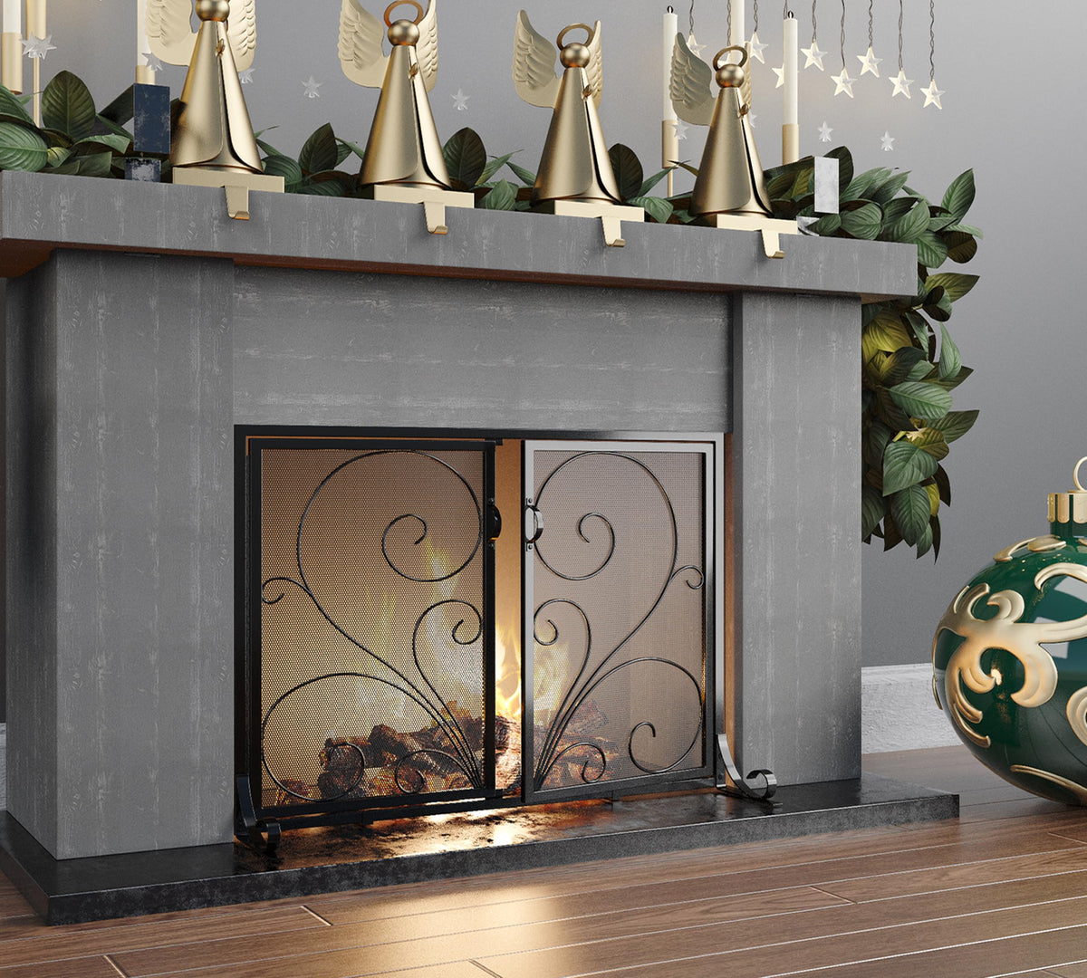 Black Metal Mesh Fireplace Screen with Double Doors Q278843