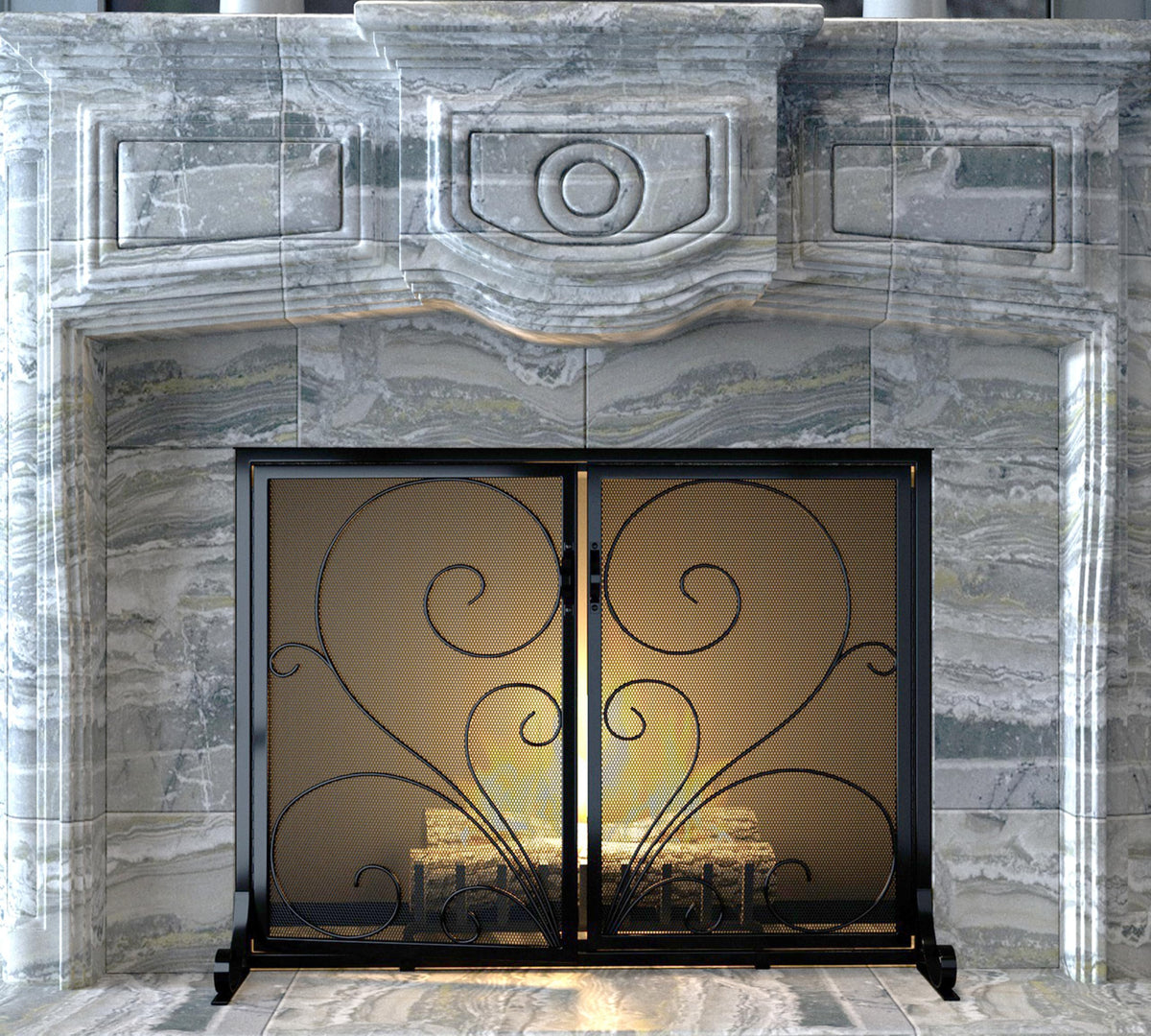 Black Metal Mesh Fireplace Screen with Double Doors Q278843