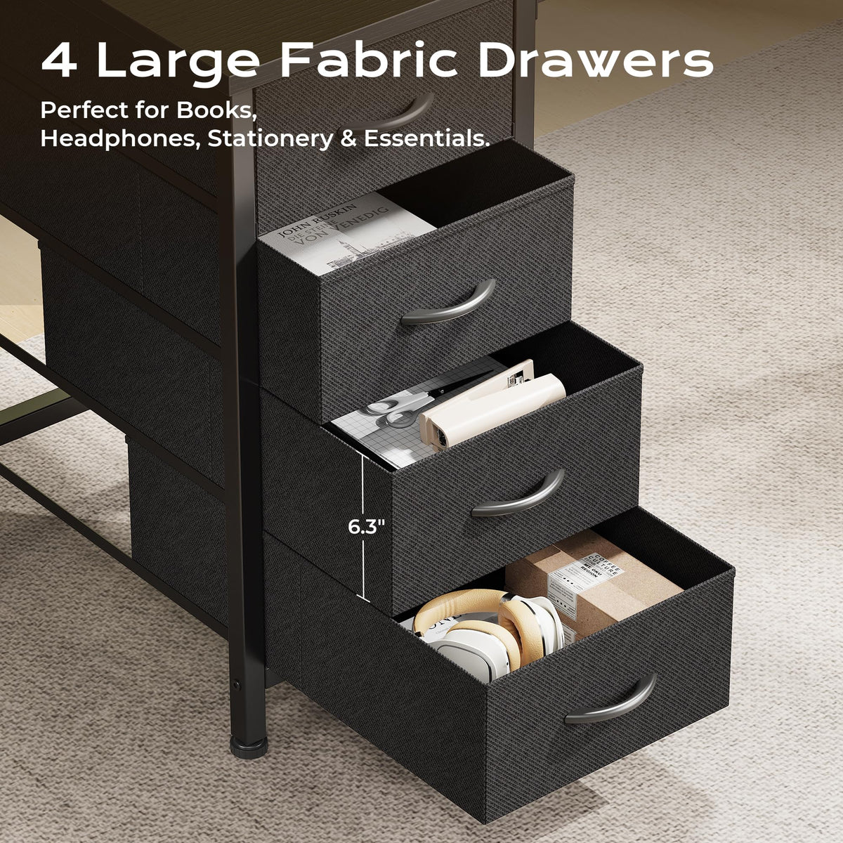 55 Inch L Shaped Desk with Fabric Drawers and Power Outlets T7124