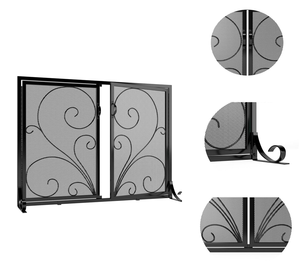 Black Metal Mesh Fireplace Screen with Double Doors Q278843