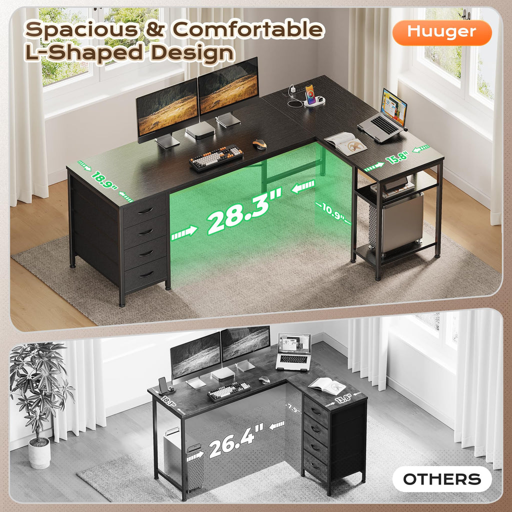 55 Inch L Shaped Desk with Fabric Drawers and Power Outlets T7124