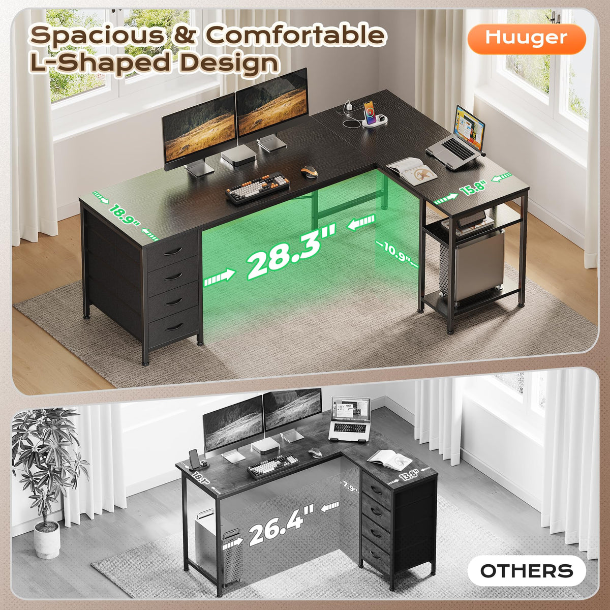 55 Inch L Shaped Desk with Fabric Drawers and Power Outlets T7124